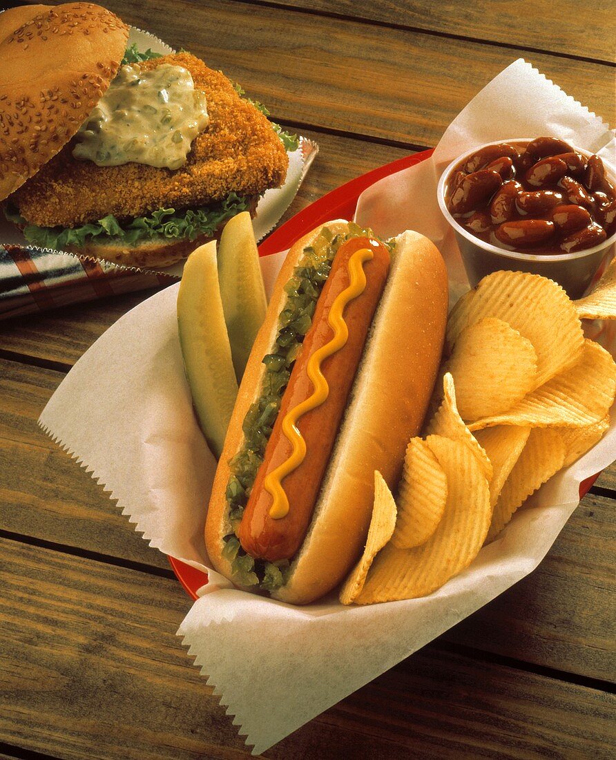 Hot Dog with Chips and Pickle; Fried Fish Sandwich/nSee Image #606367