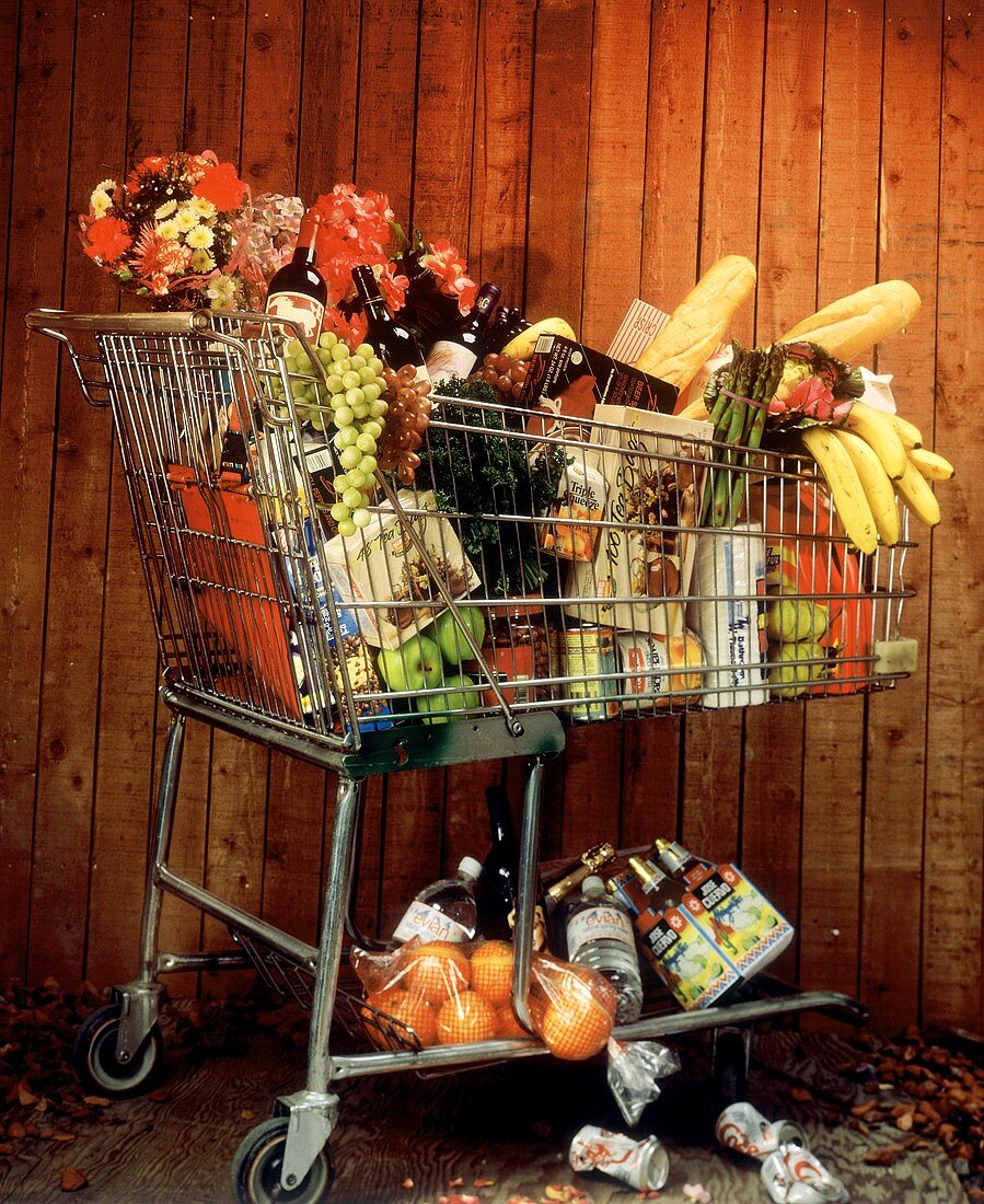 Ein voller Supermarkt-Einkaufswagen vor einem Holzzaun