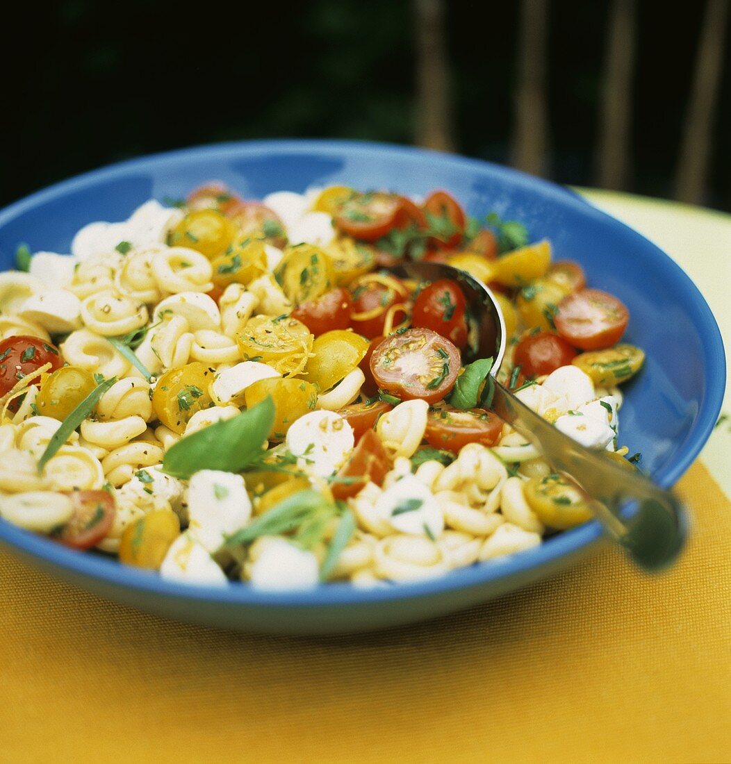 Nudelsalat mit gelben und roten Kirschtomaten & Mozzarella