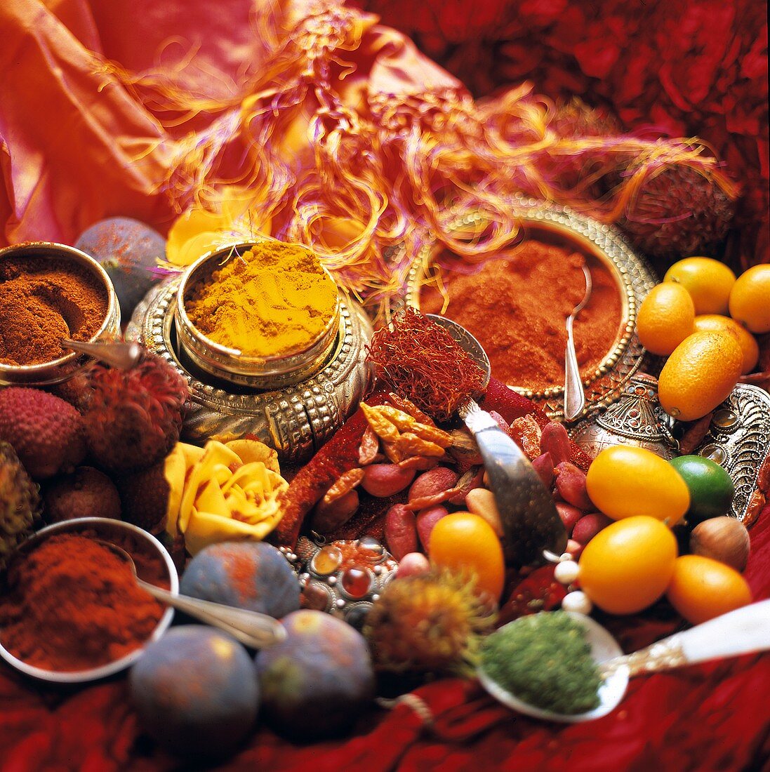 Colorful Spice Still Life with Exotic Fruit