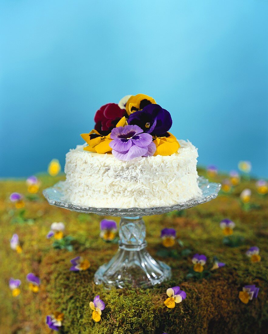 Coconut Cake with Pansies
