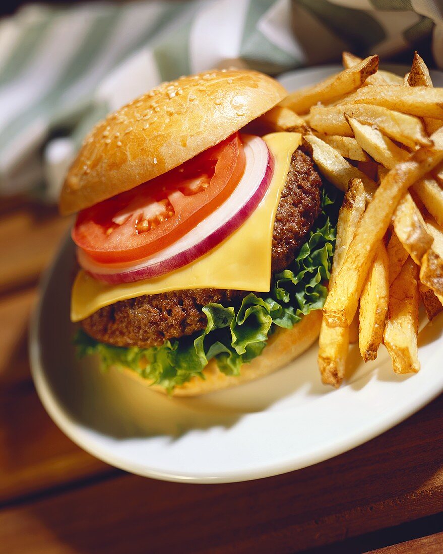 Cheeseburger mit Tomate, Salat und Zwiebeln; Pommes frites