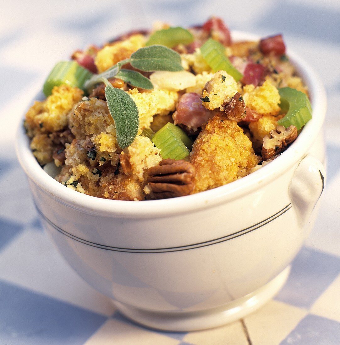 A Bowl of Cornbread Stuffing with Pecans and Celery