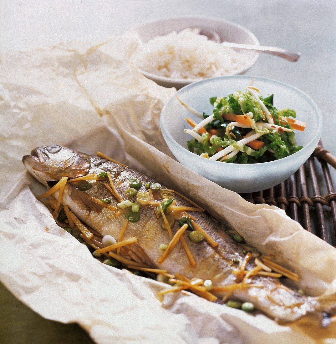 Baked Trout with Asian Salad and Rice