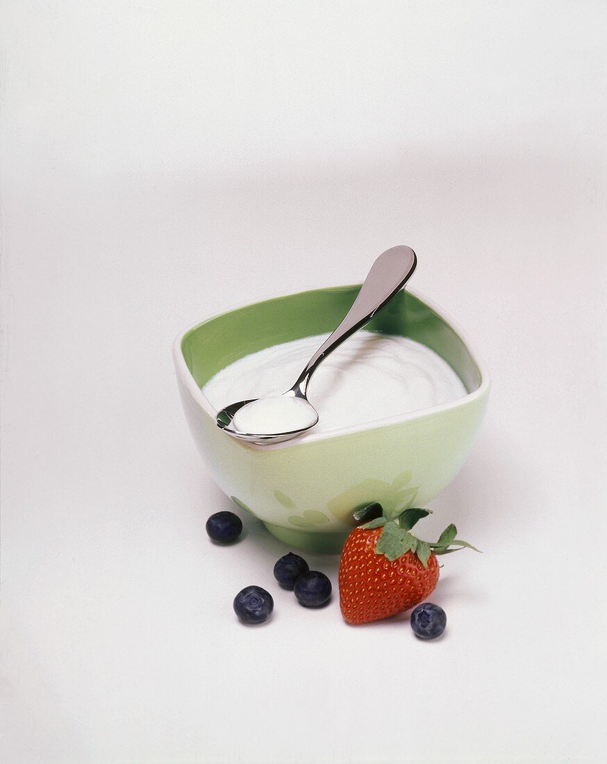 Vanille-Joghurt in grünem Schälchen; Erdbeere; Heidelbeeren