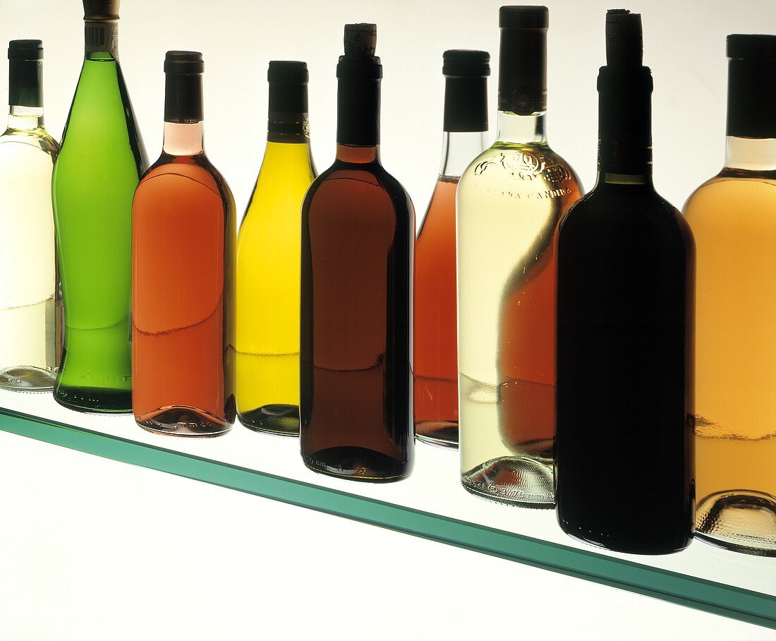 Verschiedene neutrale Weinflaschen auf Glasregal