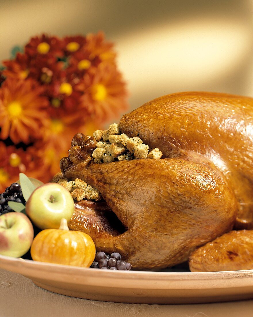 A Whole Stuffed Turkey with Fruit and Gourds