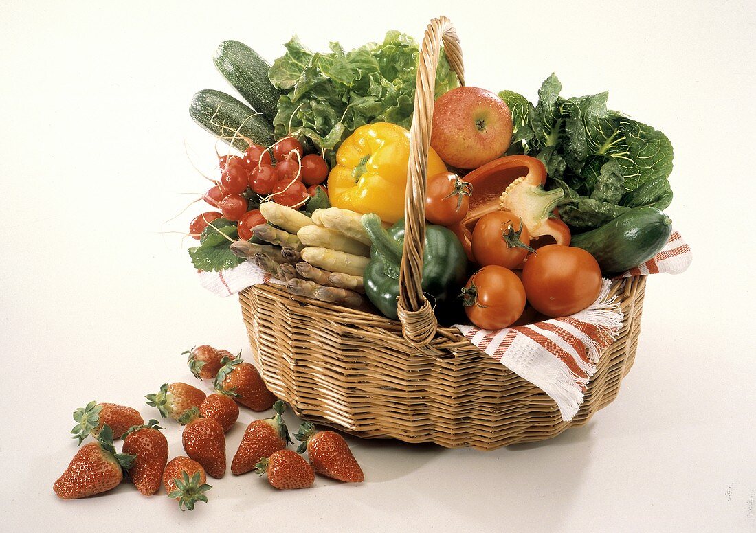 Basket with Fresh Vegetables; Strawberries