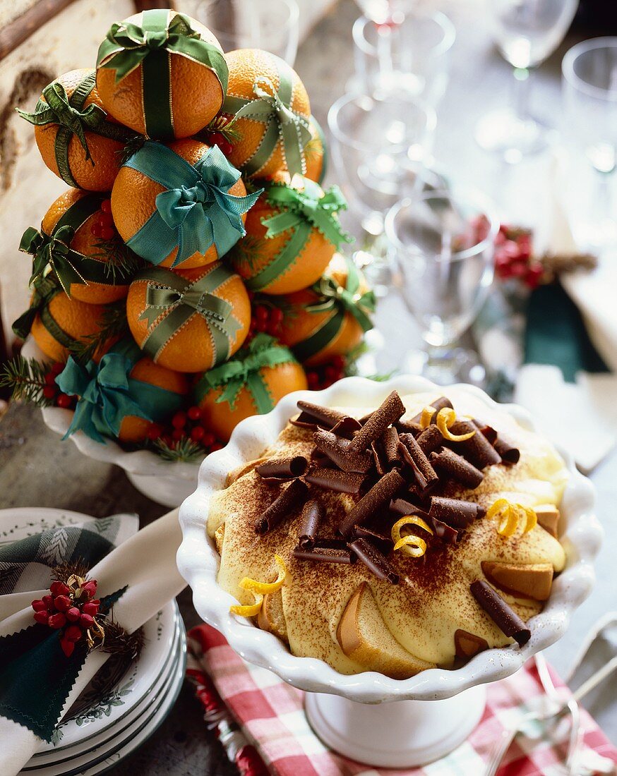 Cake and Pudding Trifle with Chocolate Curls; Tower of Clementines Tied with Ribbon