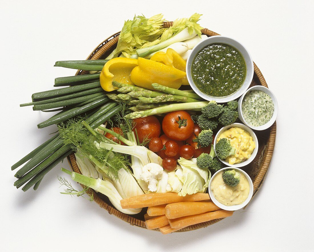 Fresh Vegetable Platter with Various Dips