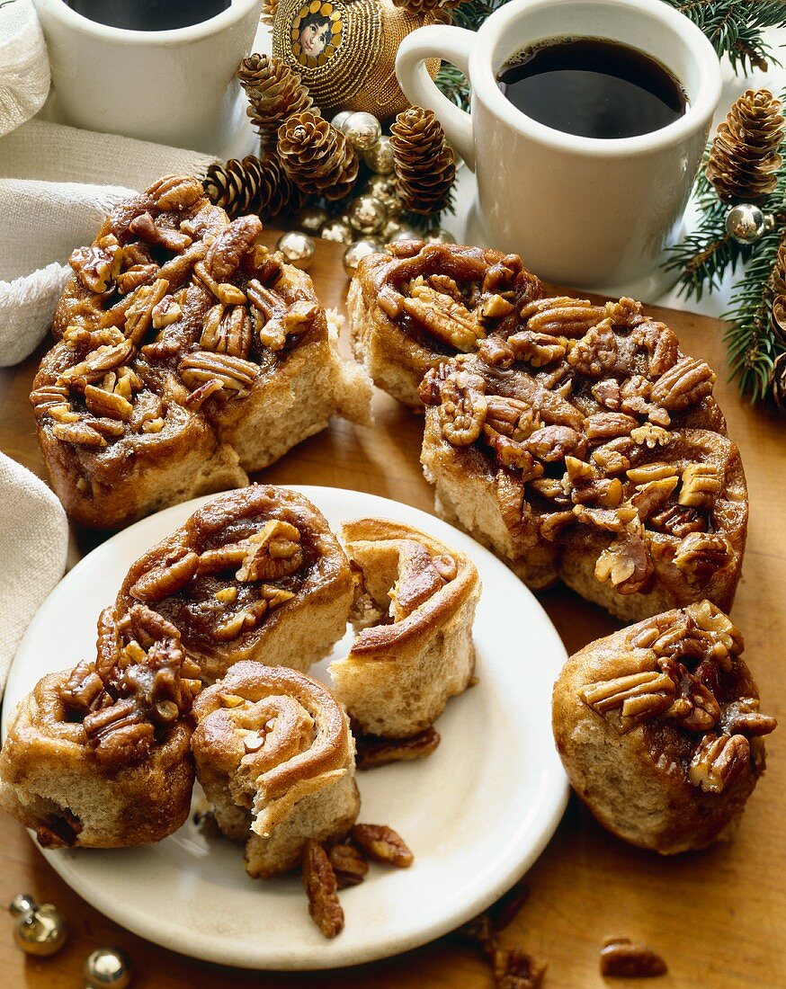 Christmas Breakfast; Pecan Sticky Buns on a Plate and Cutting Board; Coffee