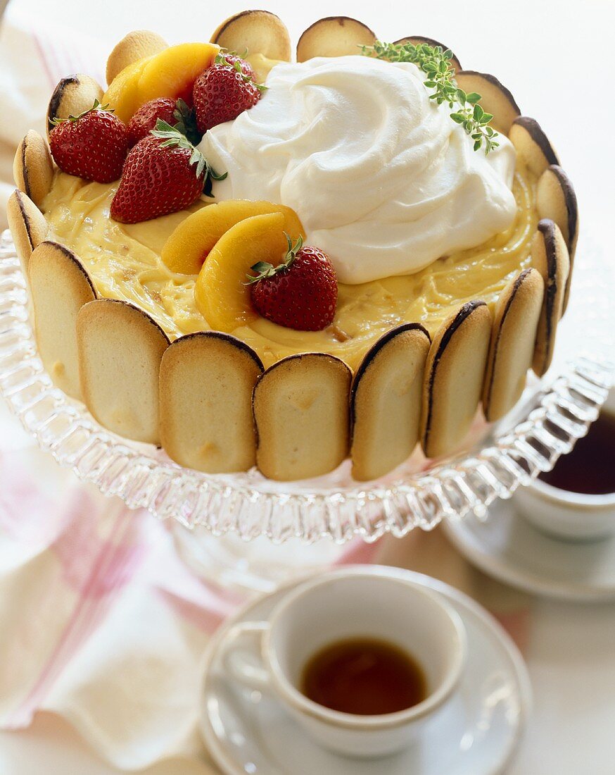 Milano Cookie Custard Cake Topped with Fruit and Whipped Cream; Tea