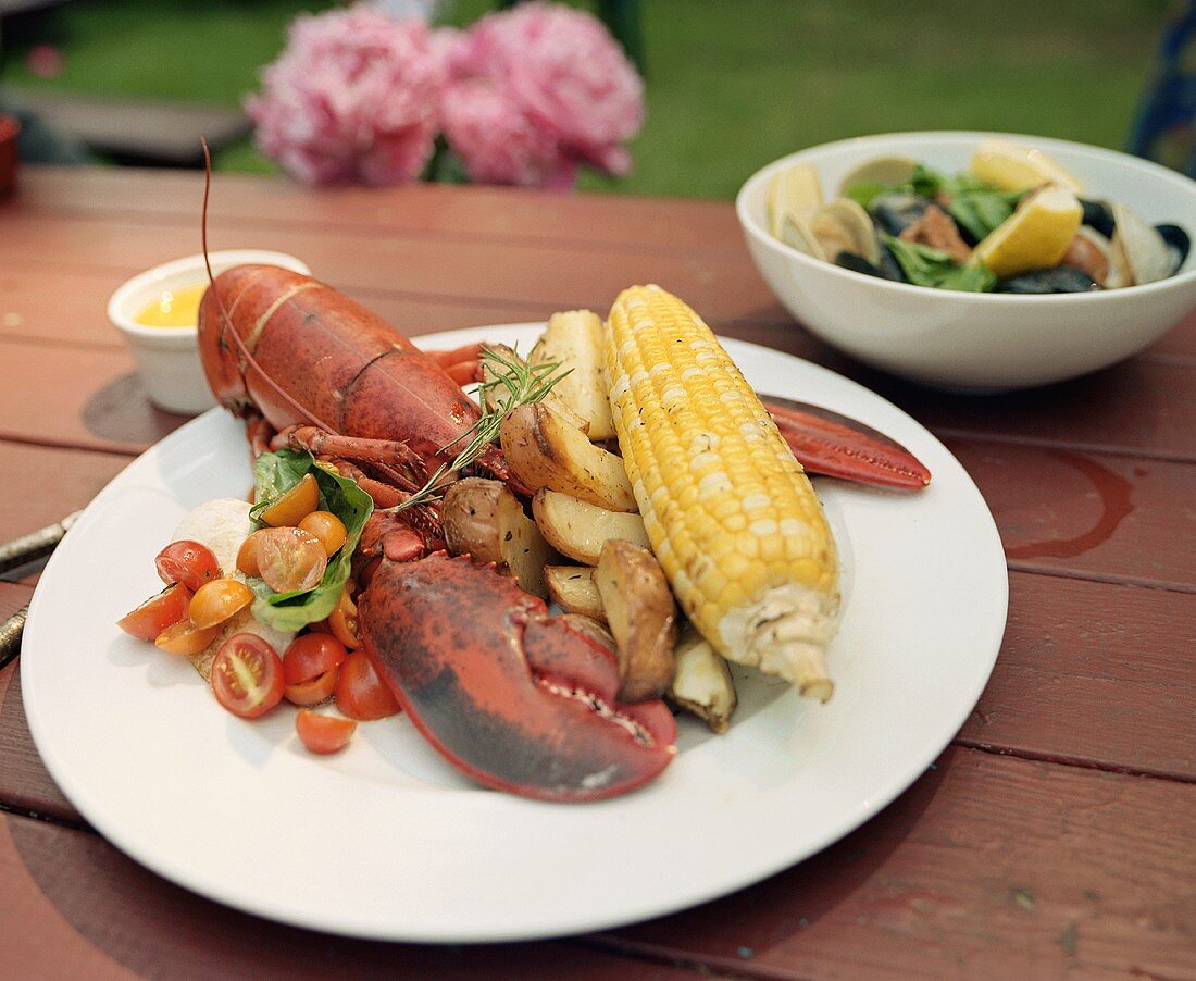 Cooked lobster with corn on the cob and fried potatoes