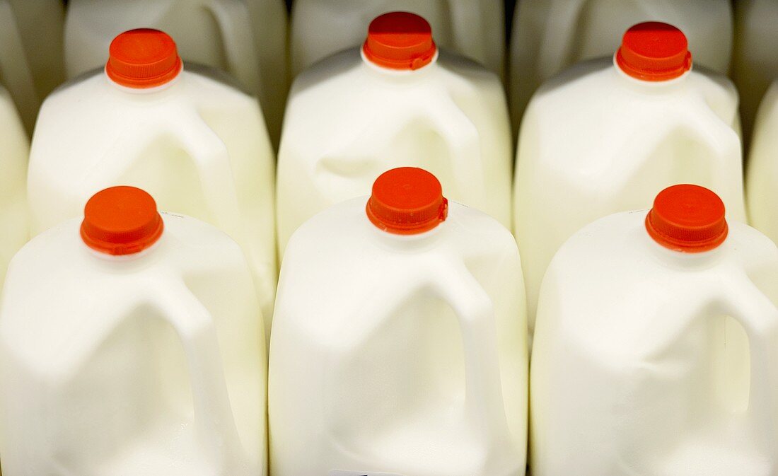 Milk in plastic bottles in a supermarket (USA)