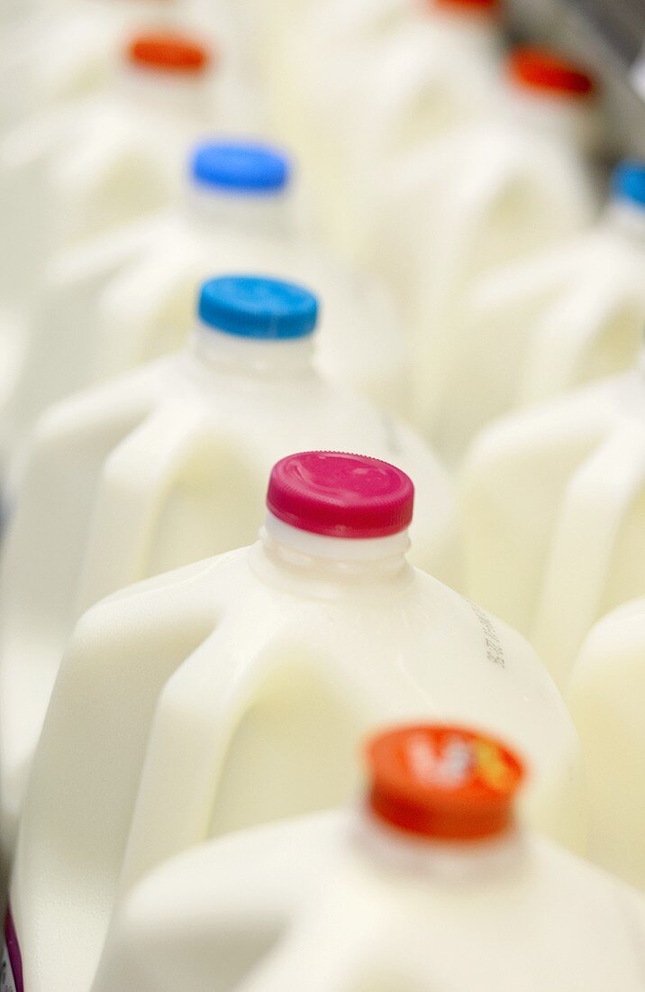 Milk in plastic bottles in a supermarket (USA)