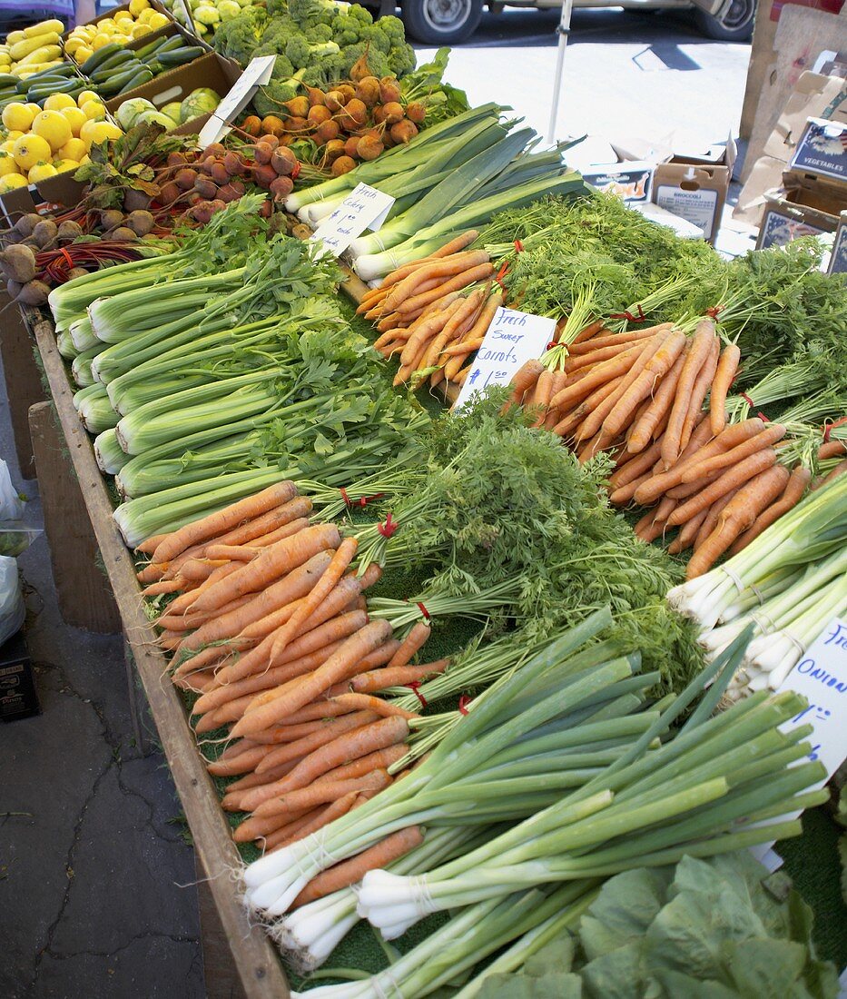 Gemüsestand auf einem Bauernmarkt (USA)