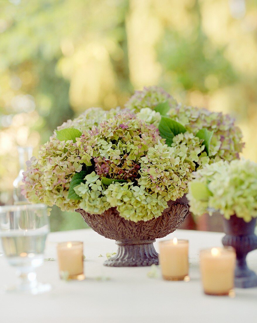 Table decoration of hydrangeas and candles (outdoors)