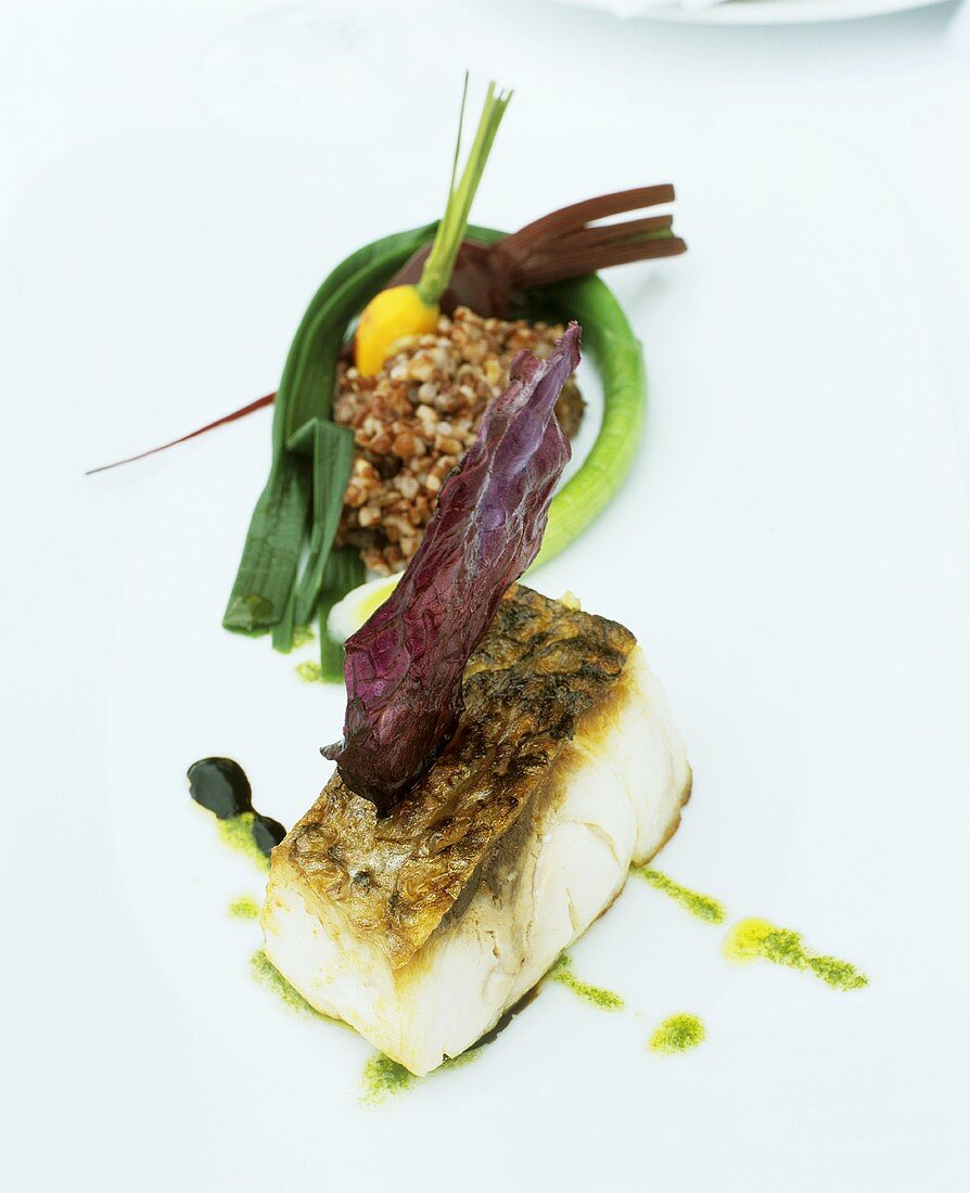 Halibut with vegetables and red rice