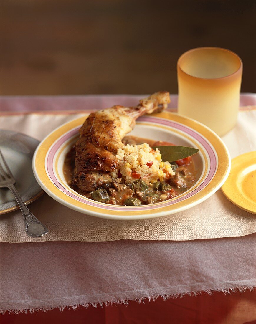 Chicken leg with gumbo and couscous