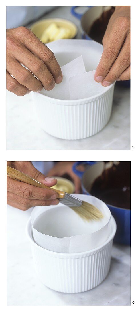 Lining a soufflé dish with paper & brushing it