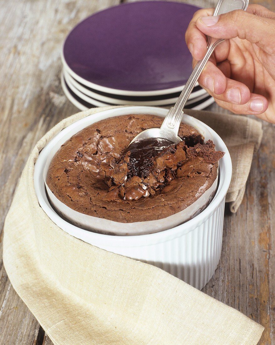 Chocolate soufflé with spoon