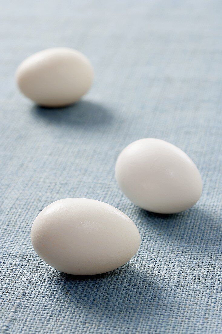 Drei weiße Eier auf blauem Stoff
