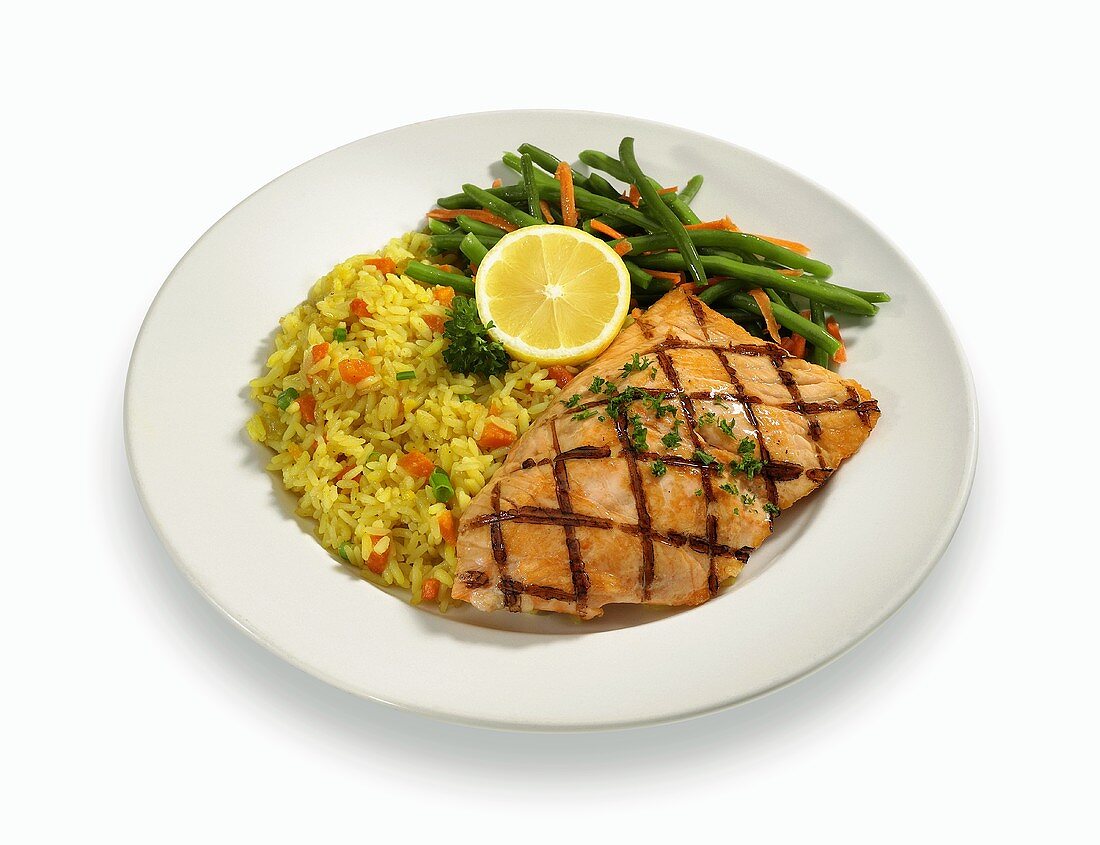 Grilled Salmon with Green Beans and Rice on a White Plate, White Background