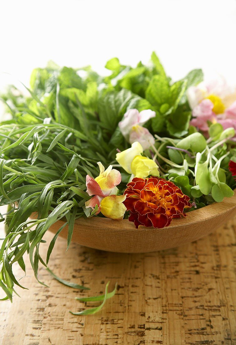 Wooden Bowl of Assorted Fresh Herbs