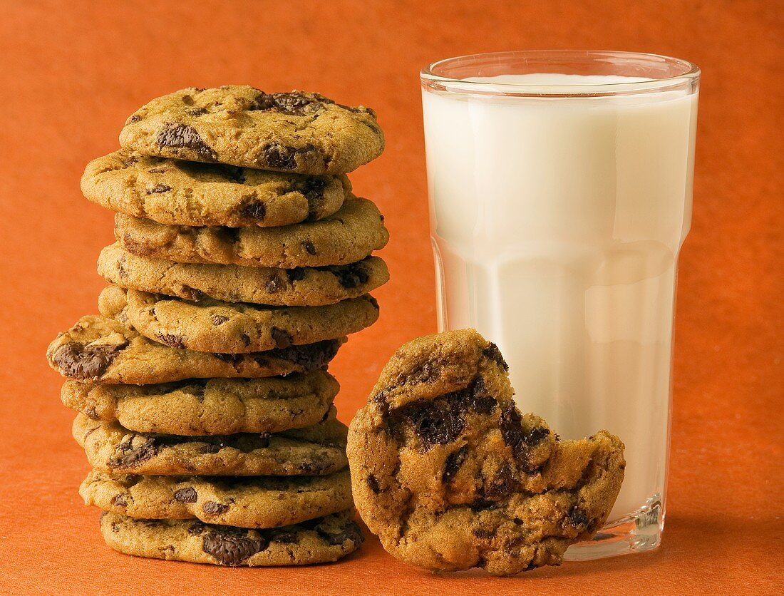 A Stack of Chocolate Chip Cookies with a Glass of Milk