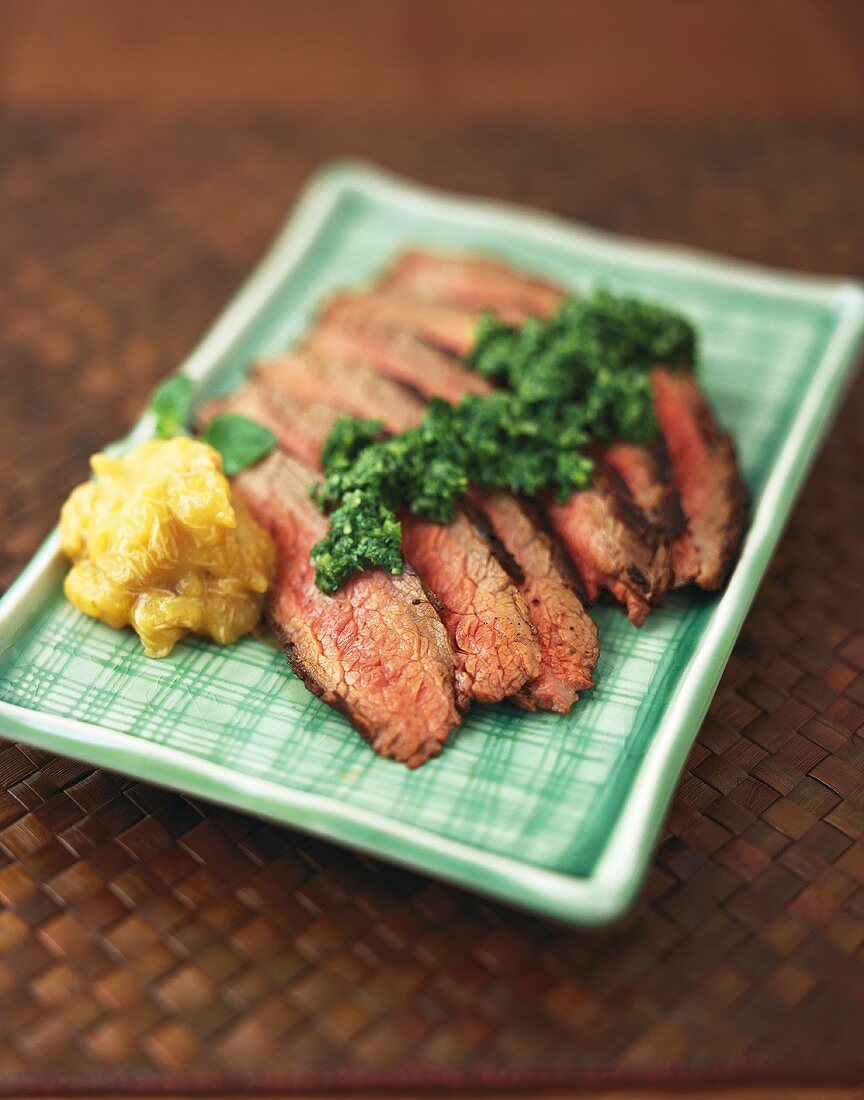 Sliced Steak with Plantain Chutney and Green Chili Cilantro