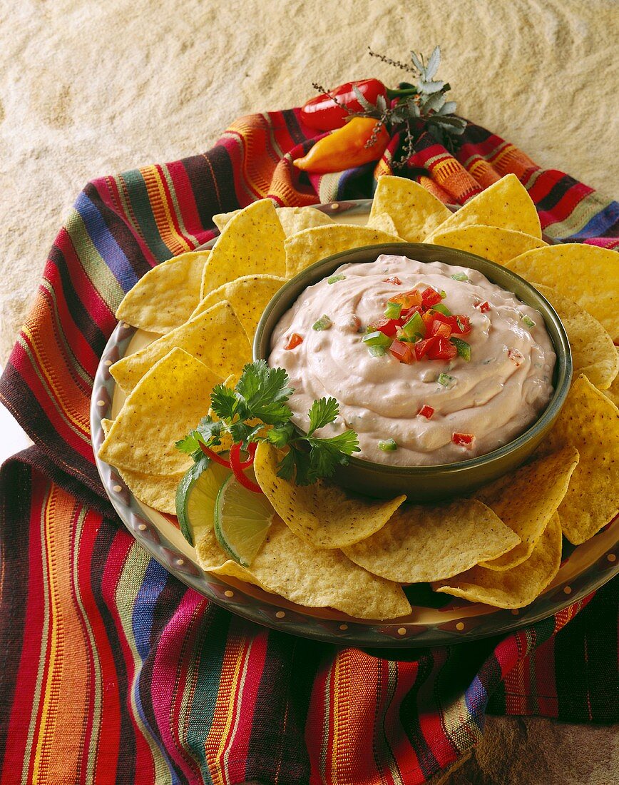 Nacho Chips and Dip on Platter