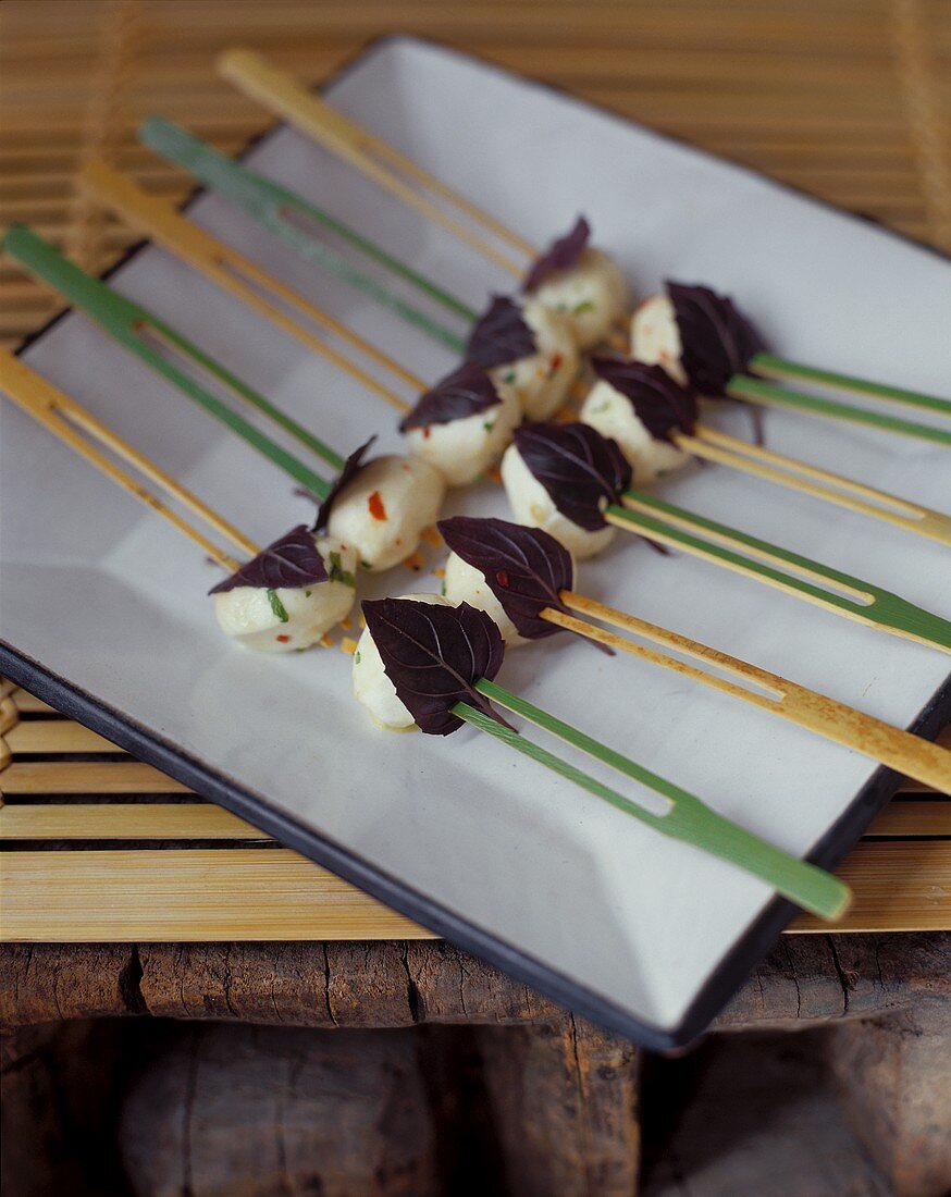 Skewered Mozzarella with Red Basil