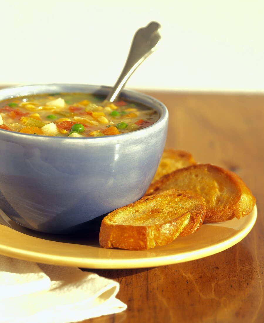 Gemüsesuppe mit Hähnchen, daneben geröstete Brotscheiben