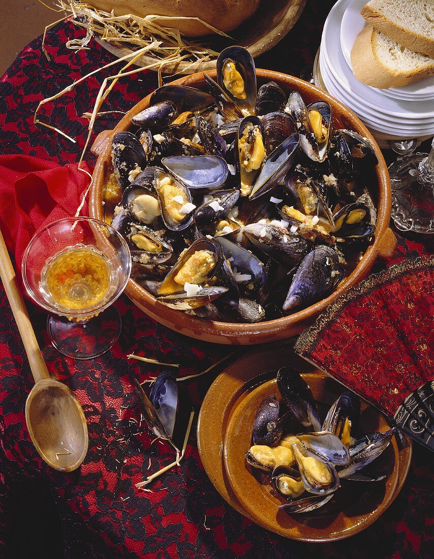 Bowl of Steamed Mussels; Wine