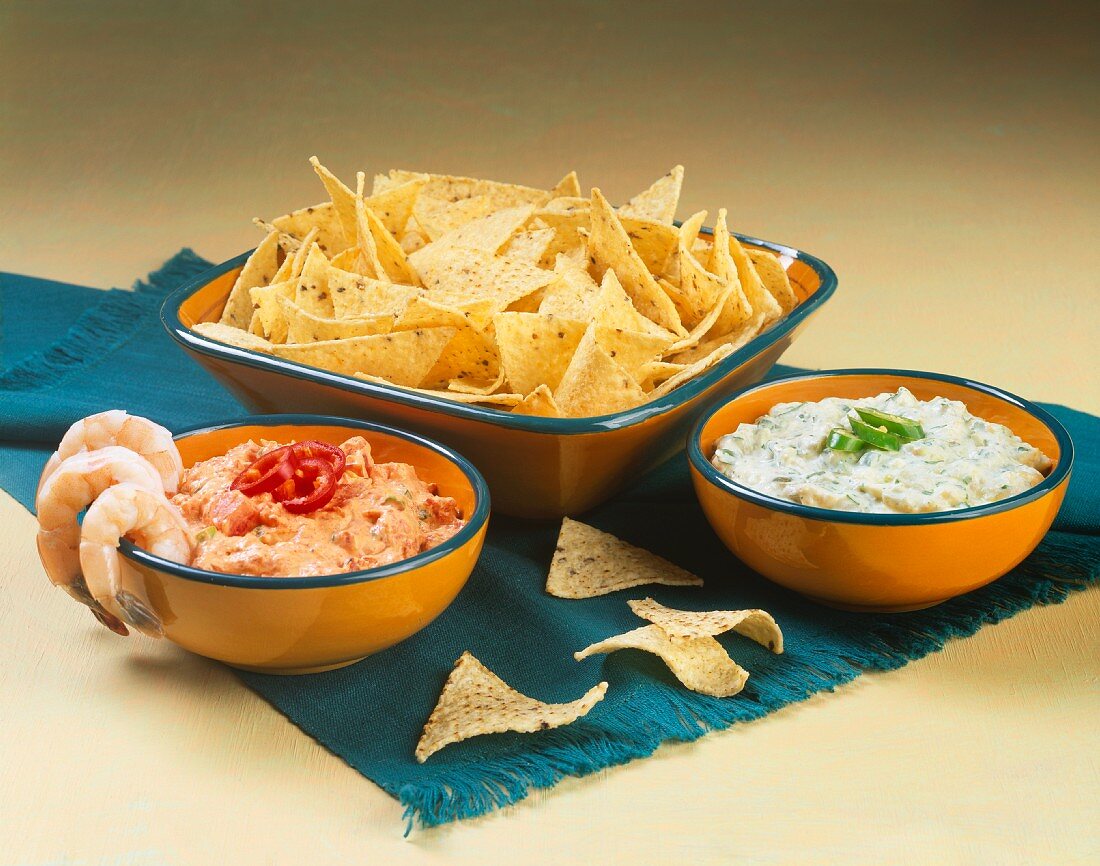 Tortilla Chips and Shrimp with Dips