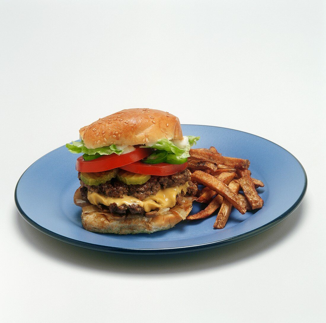 Double Cheeseburger and French Fries on a Blue plate