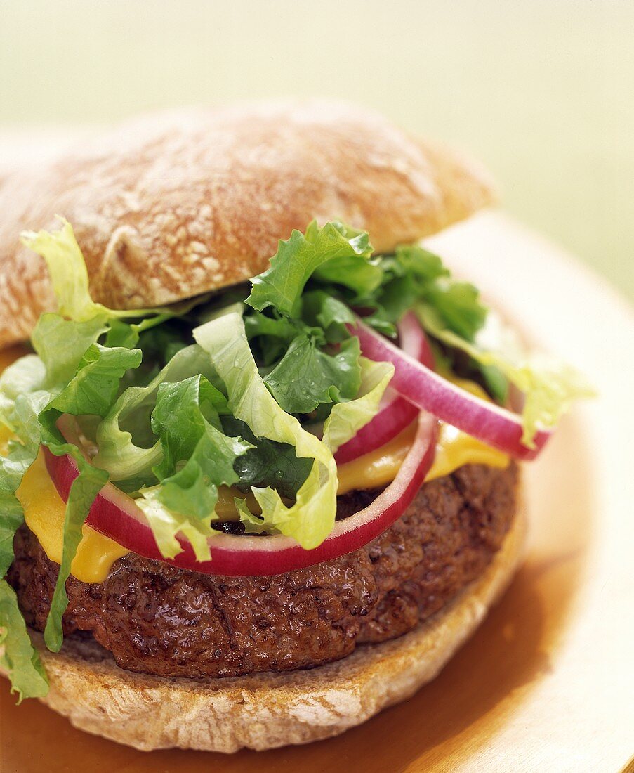 Cheeseburger mit Salat und roten Zwiebeln