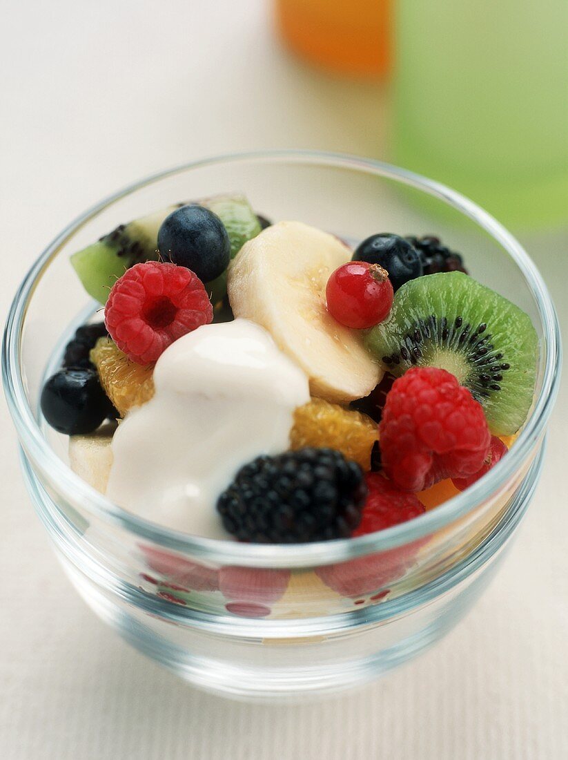 Fruit Salad with Yogurt in Glass Bowl