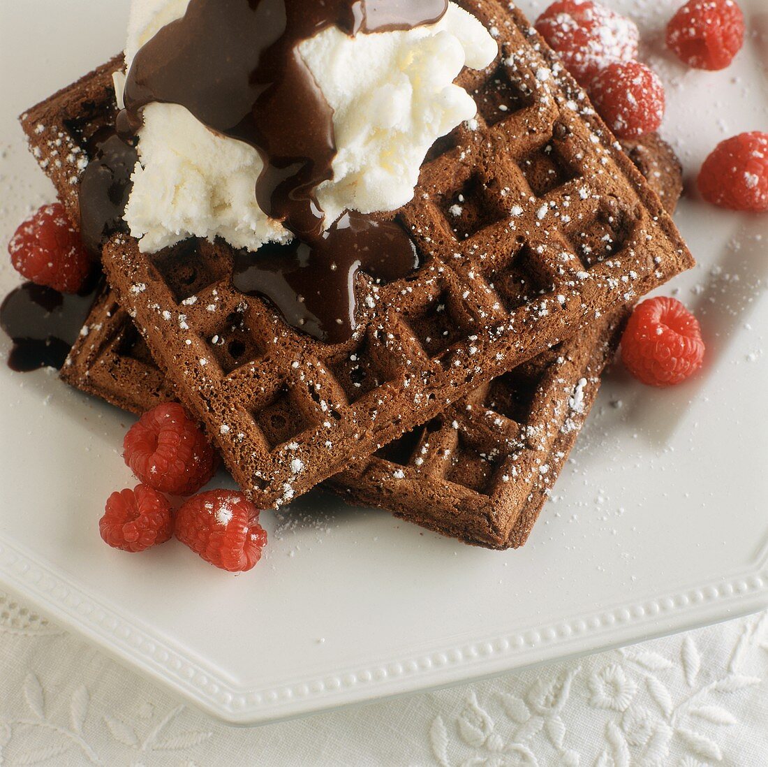 Chocolate Waffles with Raspberries, Ice Cream and Chocolate Sauce