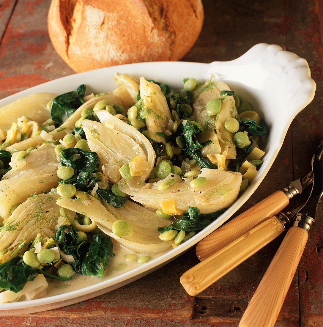 Creamy Braised Fennel with Leeks and Spinach