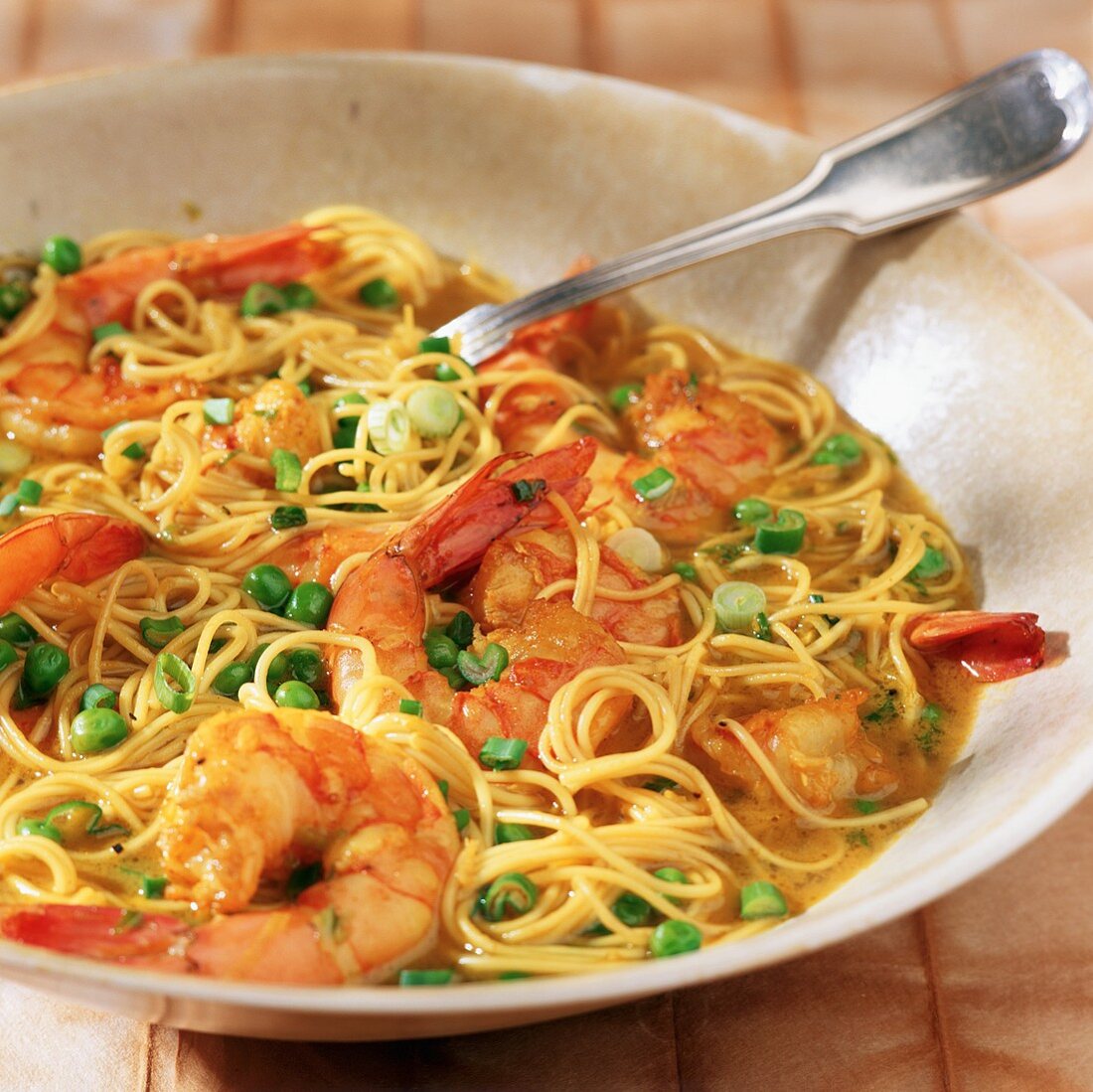 Pan Seared Shrimp with Peas and Noodles