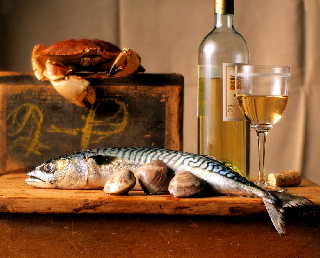 Stillleben mit Fisch, Meeresfrüchten und Weißwein