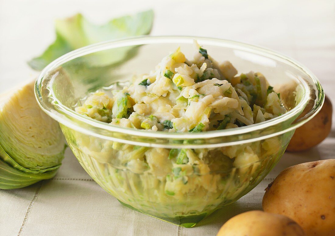 A Glass Bowl with Colcannon (Potatoes and Cabbage)