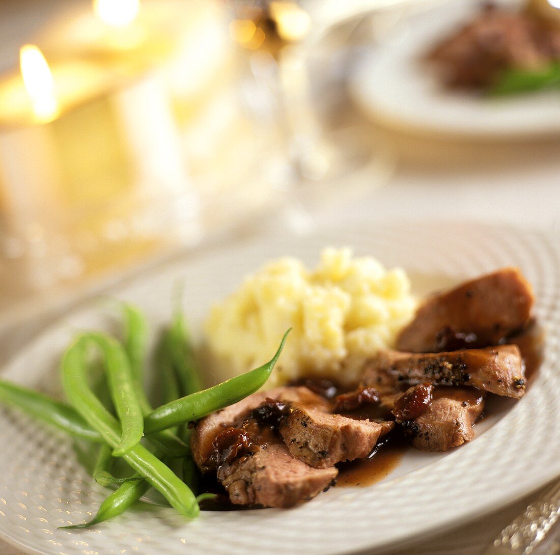 Duck Breast with Port and Cherry Sauce; Green Beans and Mashed Potatoes