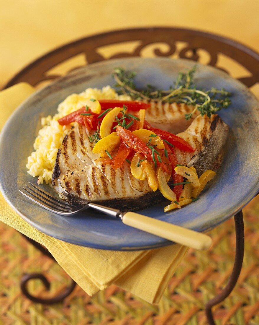 Halibut with Vegetables on a Bed of Rice