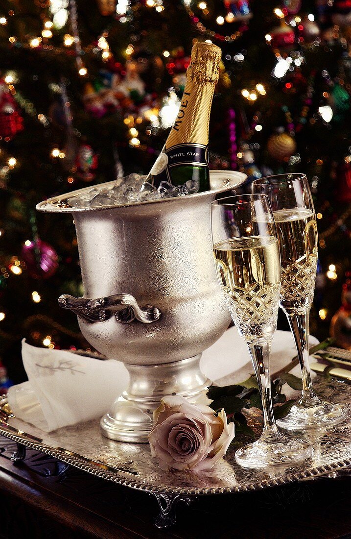 Two Glasses of Champagne with Ice Bucket; Christmas Setting