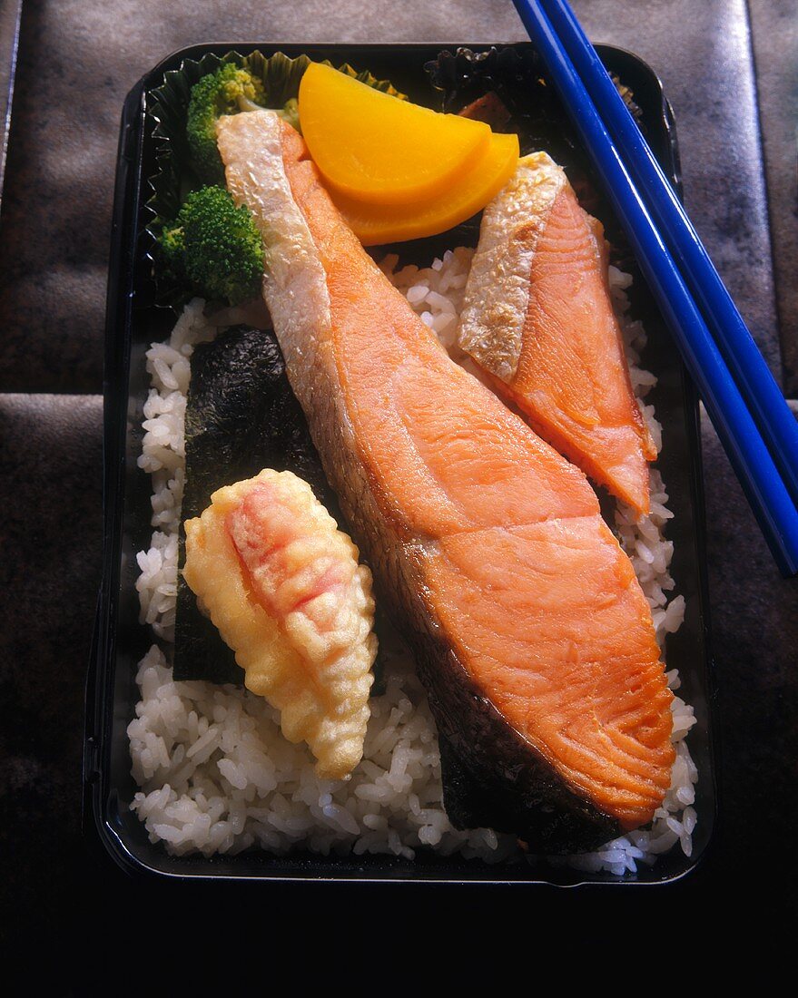 Salted Salmon on Rice in Bento Box