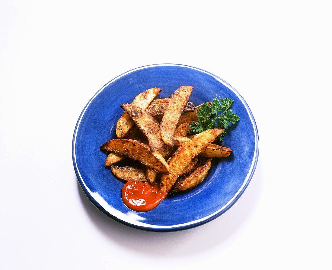 Steak Fries on a Blue Plate with Ketchup