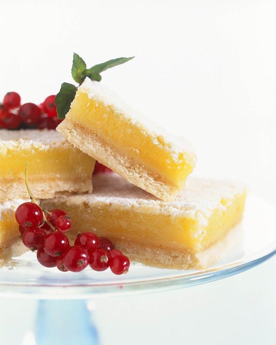Lemon Squares on Plater with Powder Sugar and Currants