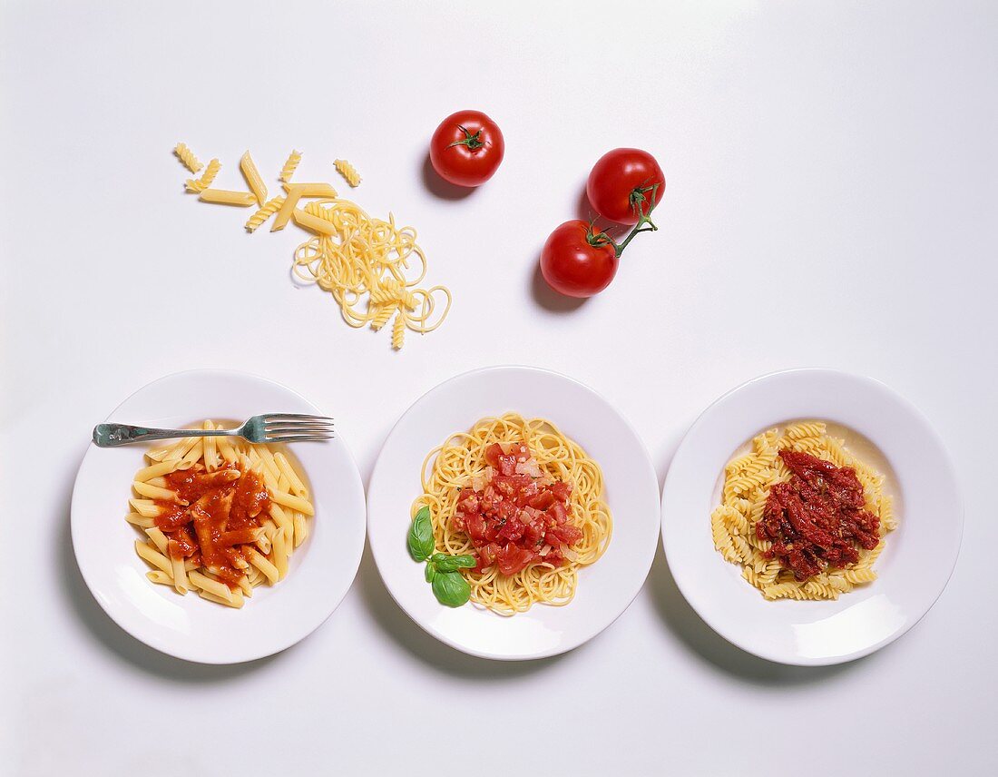 Three Assorted Pasta Dishes with Sauce